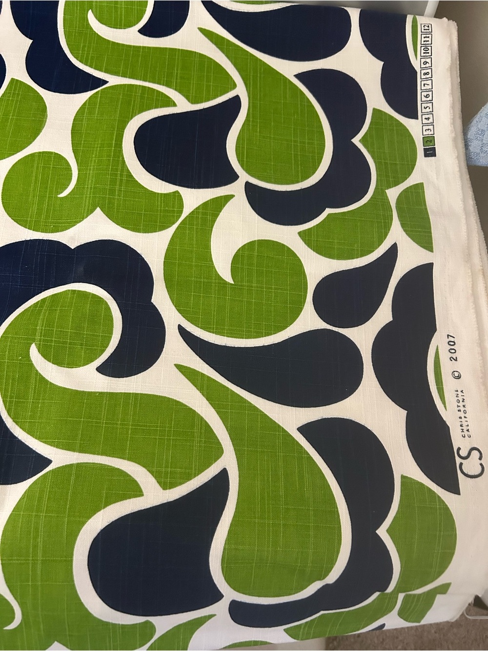 Vintage Chris Stone Mod Geometric Patterned Upholstery Fabric. Blue and Green - Picture 9 of 10